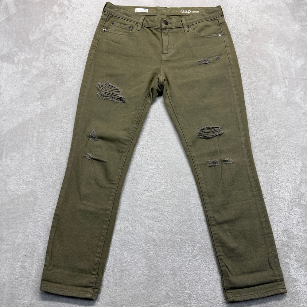 GAP 1969 Pants Women's 28 Regular Girlfriend Olive Green Distressed Ripped Denim